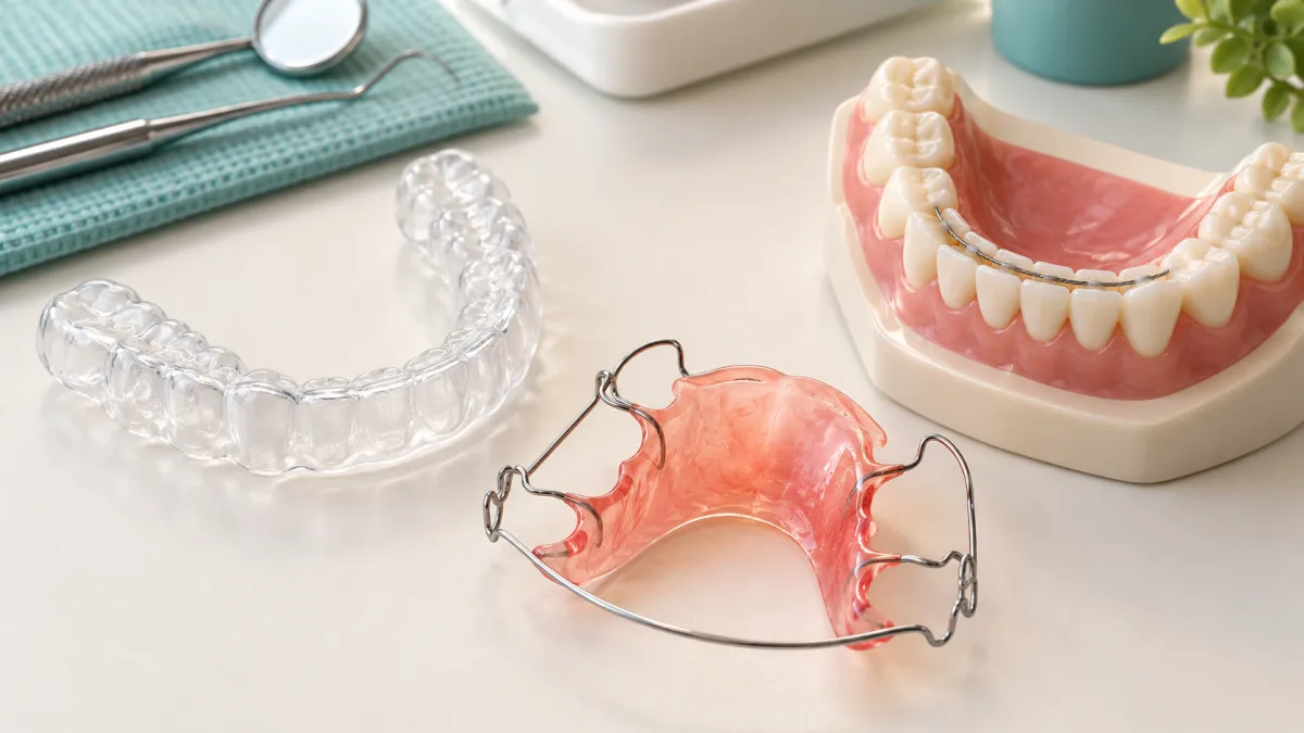 Tipos de retenedores dentales: fijo (alambre) y removibles (Essix, Hawley) en Villanes Dental Group